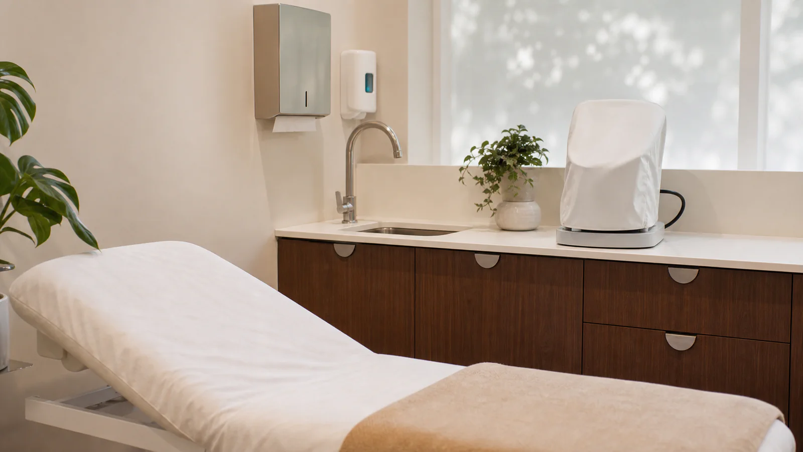 Clean treatment room with examination couch, sink and timber cabinetry